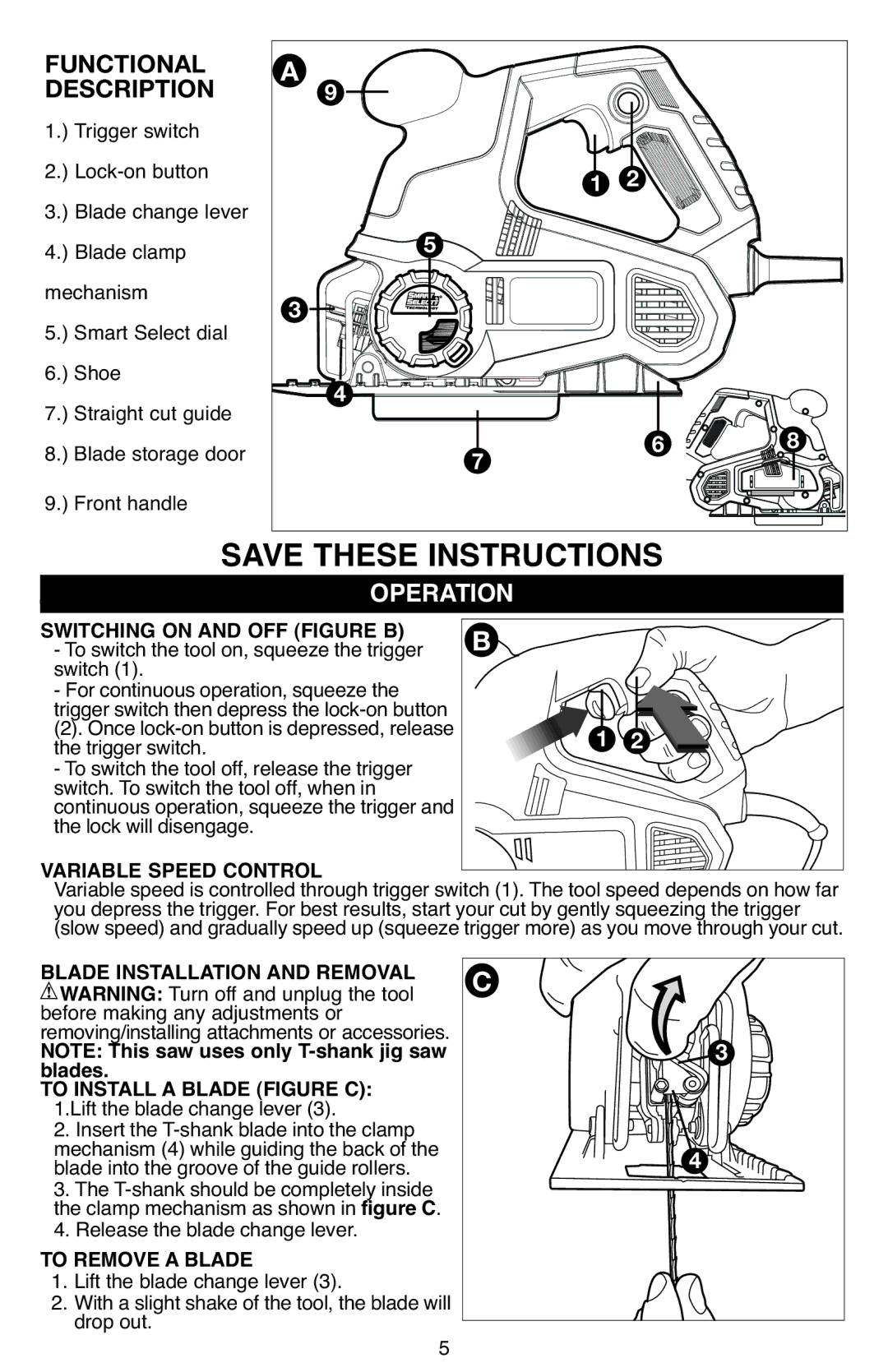 Black & Decker SCS600 Switching on and OFF Figure B, Variable Speed Control, Blade Installation and Removal 