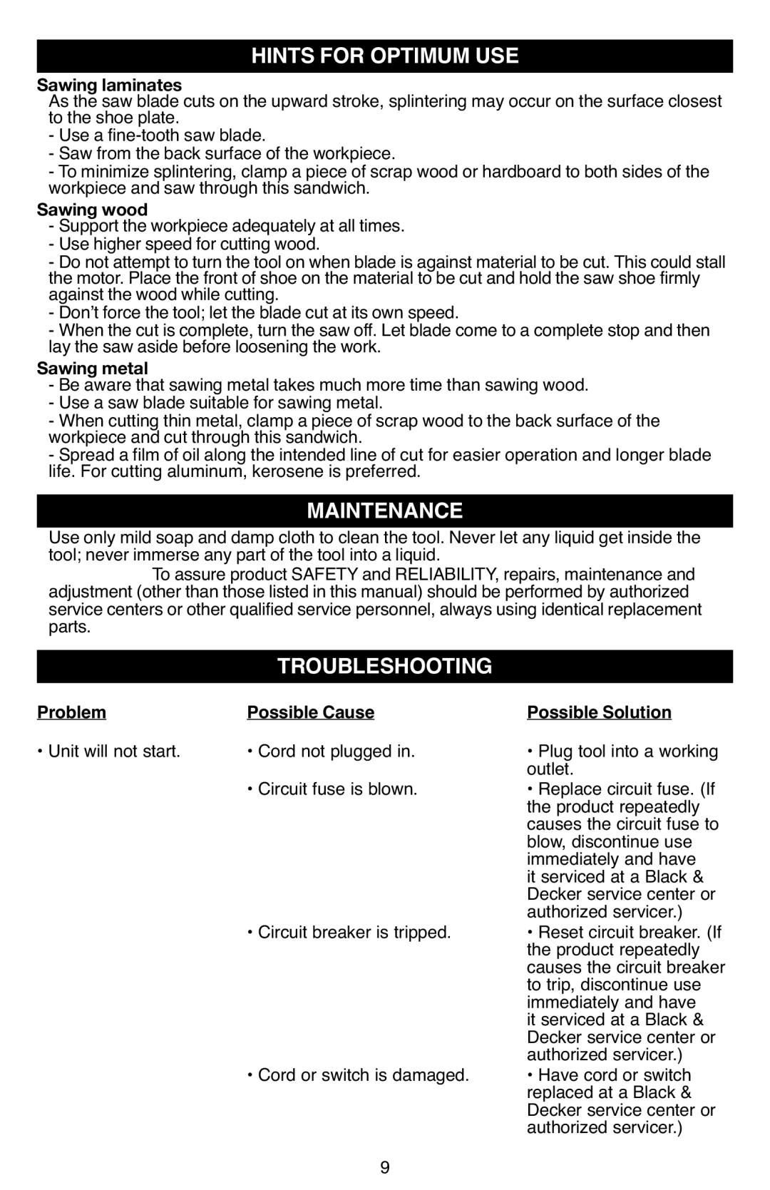 Black & Decker SCS600 Hints for Optimum USE, Maintenance, Troubleshooting, Problem Possible Cause, Possible Solution 