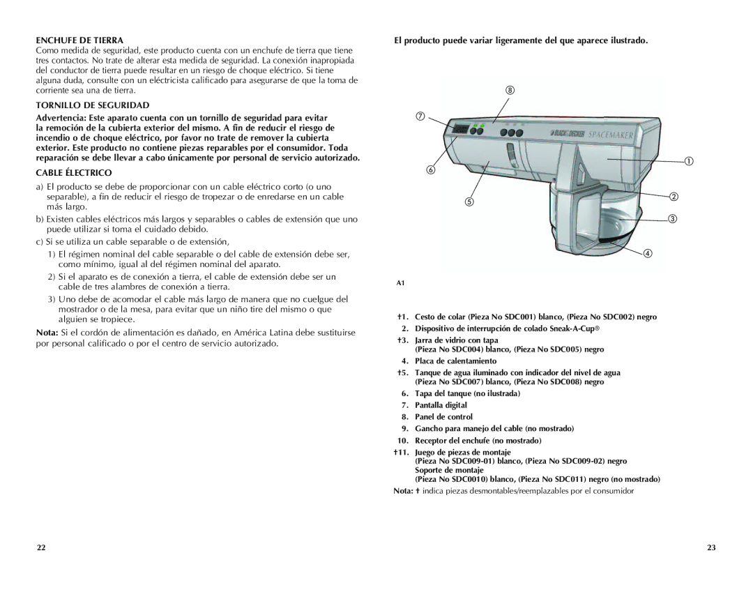 Black & Decker SDC750, SDC740B manual Enchufe DE Tierra, Cable Électrico 