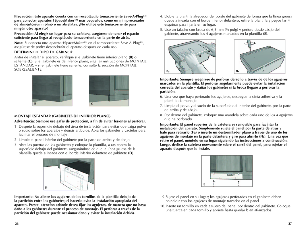 Black & Decker SDC740B, SDC750 manual Determine EL Tipo DE Gabinete, Montaje Estándar Gabinetes DE Inferior Plano 