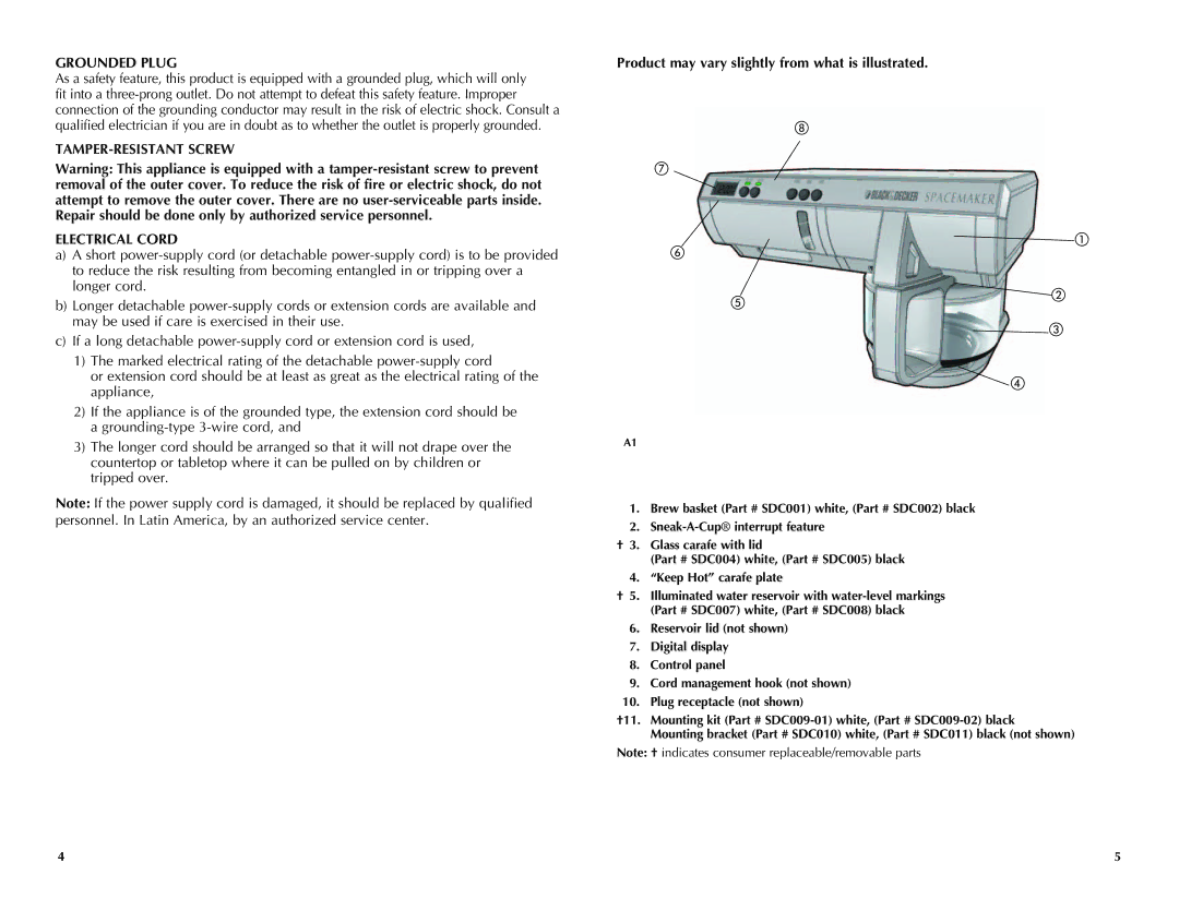 Black & Decker SDC750, SDC740B manual Grounded Plug, Electrical Cord, Product may vary slightly from what is illustrated 