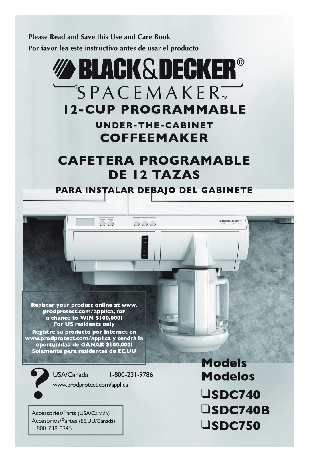 Black & Decker SDC750, SDC740 manual Cup Programmable, Coffeemaker Cafetera programable de 12 tazas, Under-The-Cabinet 