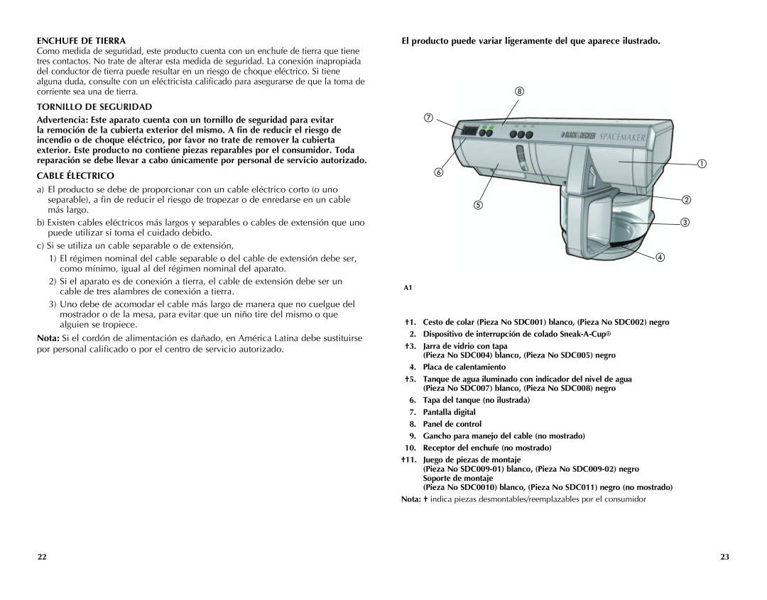 Black & Decker SDC750, SDC740B manual Enchufe De Tierra, Tornillo De Seguridad, Cable Électrico 