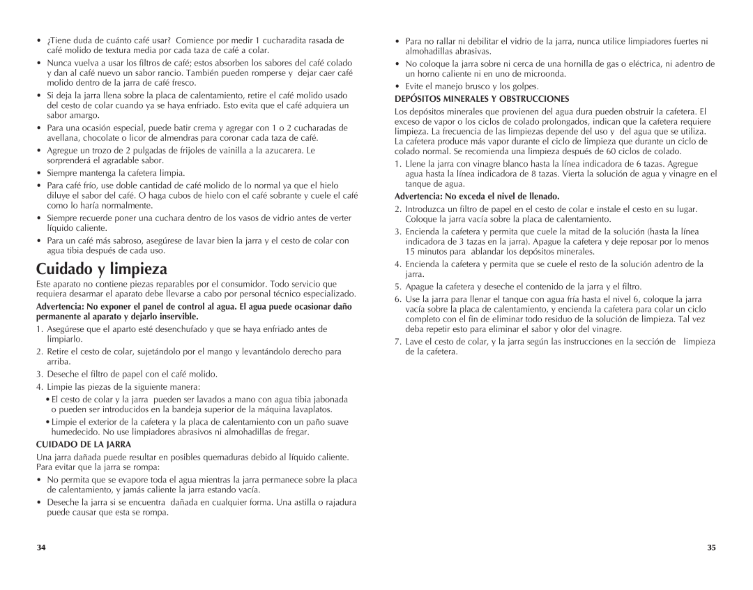 Black & Decker SDC750, SDC740B manual Cuidado y limpieza, Cuidado De La Jarra, Depósitos Minerales Y Obstrucciones 