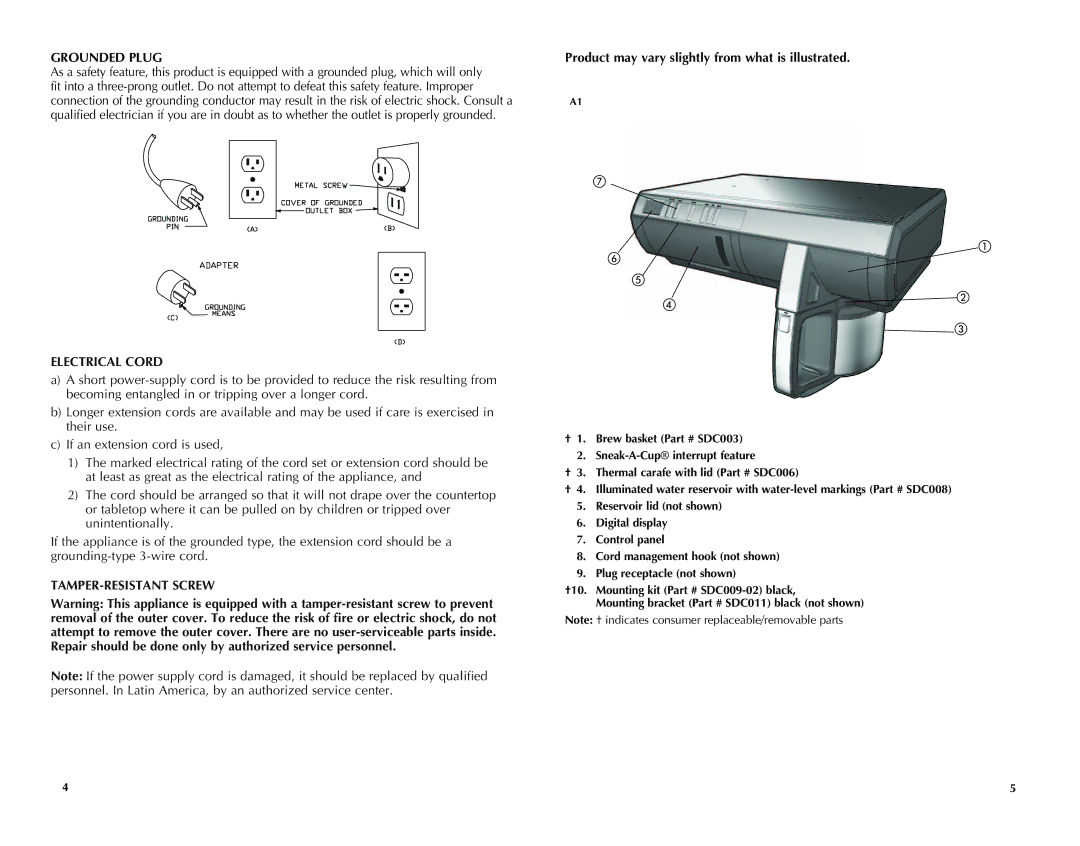 Black & Decker SDC850Q manual Grounded Plug, Product may vary slightly from what is illustrated 