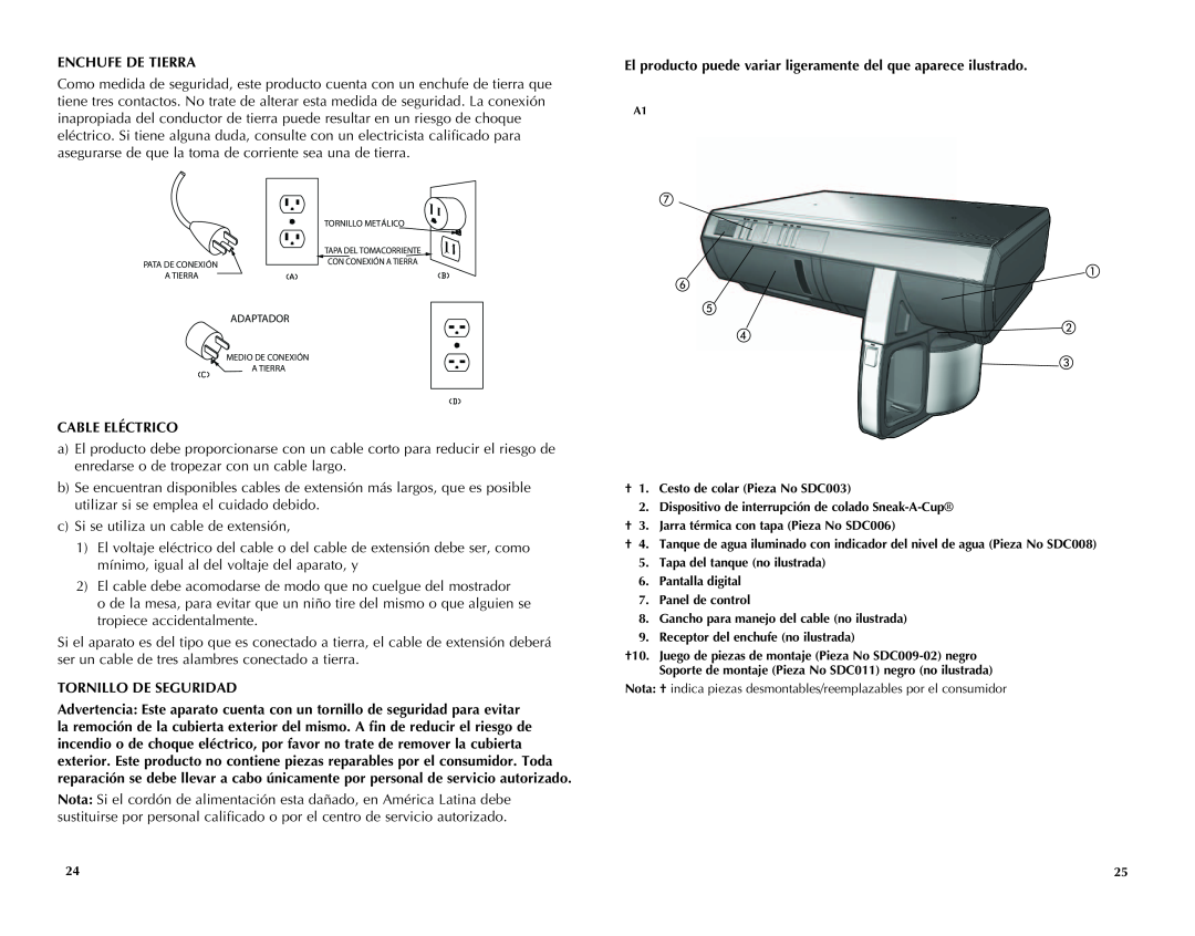 Black & Decker SDC850Q manual Enchufe De Tierra, Cable Eléctrico, Tornillo De Seguridad 