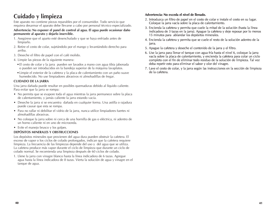 Black & Decker SDC850Q manual Cuidado y limpieza, Cuidado De La Jarra, Depósitos Minerales Y Obstrucciones 