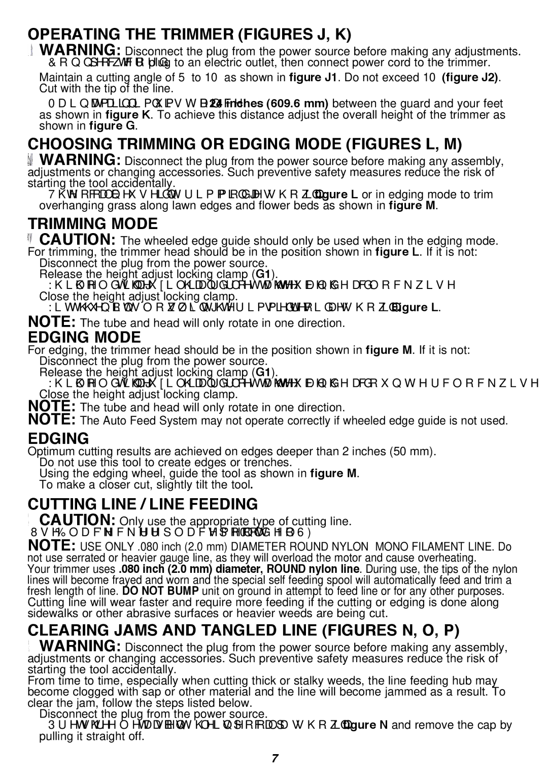 Black & Decker SF-080 Operating the trimmer figureS j, K, Choosing trimming or edging mode figures L, M, Trimming mode 