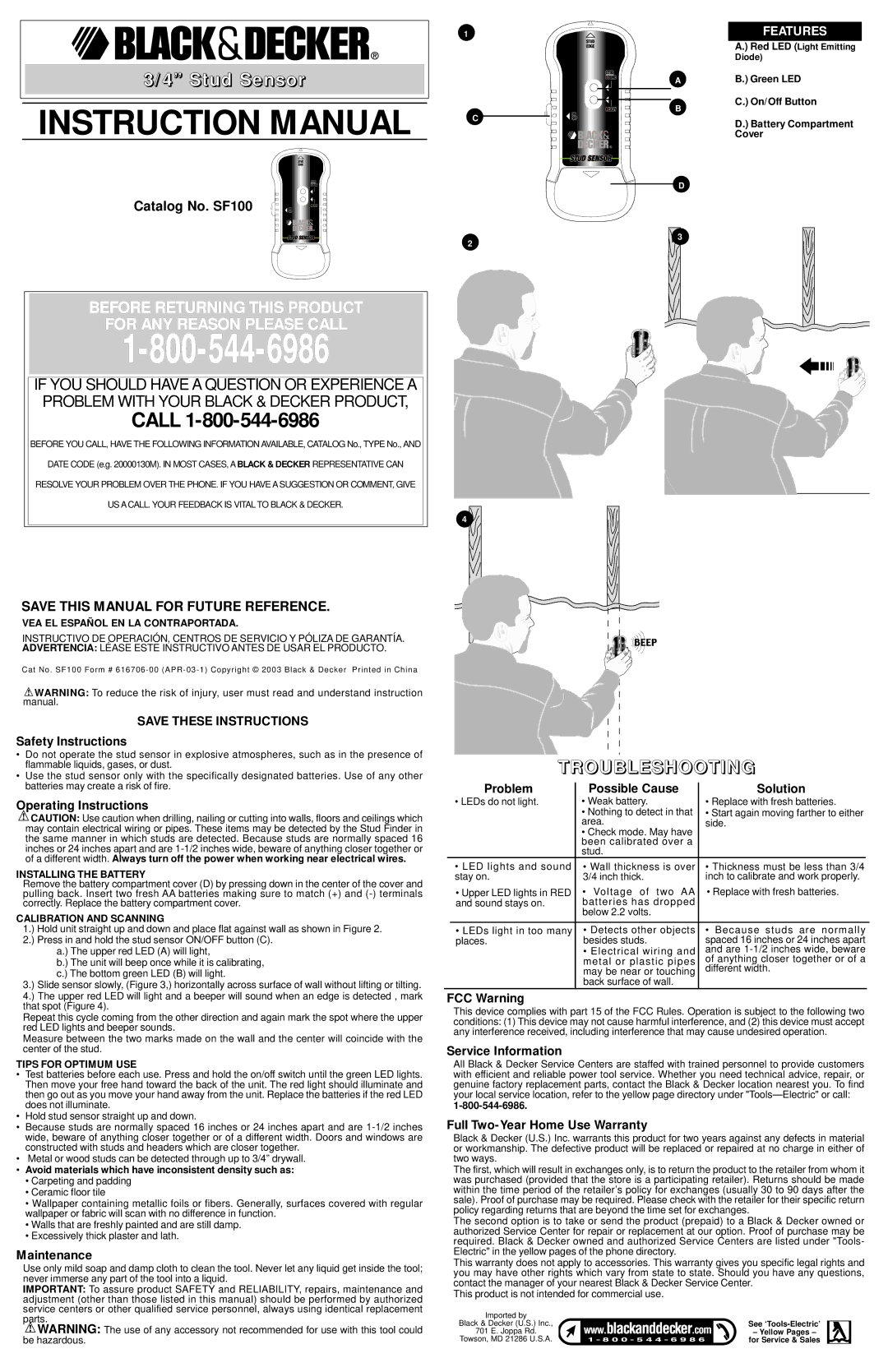 Black & Decker SF100 instruction manual Safety Instructions, Operating Instructions, Maintenance, FCC Warning 