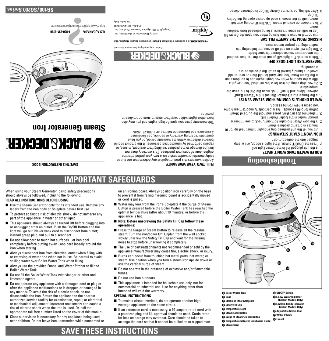 Black & Decker SG100 Series warranty Cap Fill, Steam, Proceeding, Temperature, Session ironing new a begin you, Province 