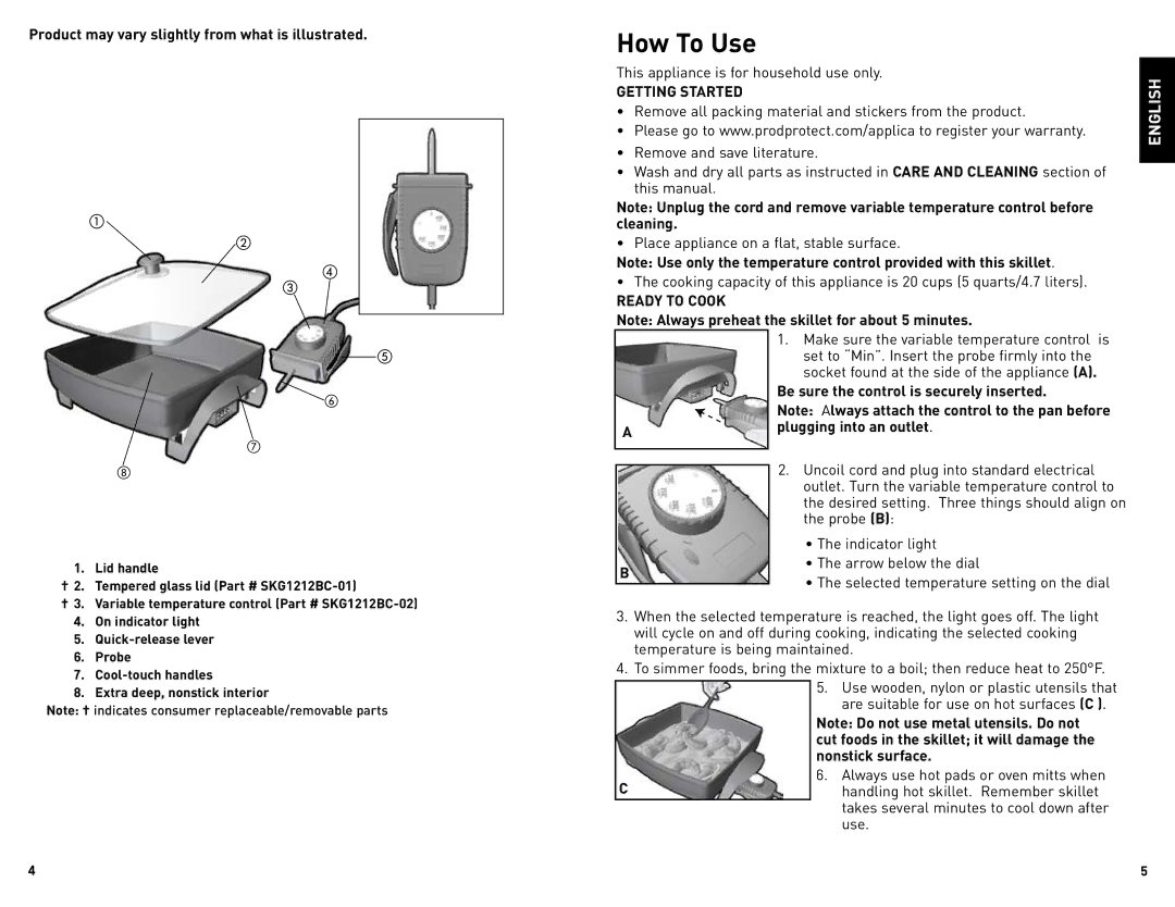 Black & Decker SK1212BC manual How To Use, Getting Started, Ready to Cook 