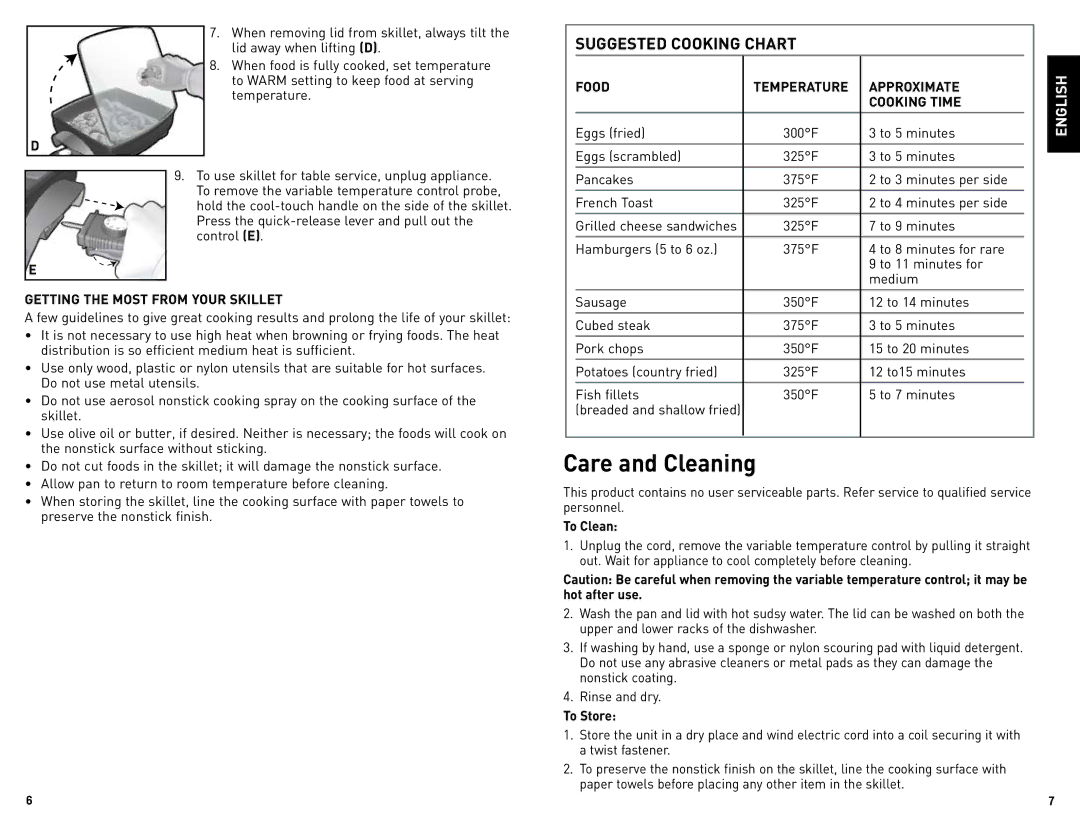 Black & Decker SK1212BC manual Care and Cleaning, Getting the Most from Your Skillet, Food, TeMPERATURE, Approximate 