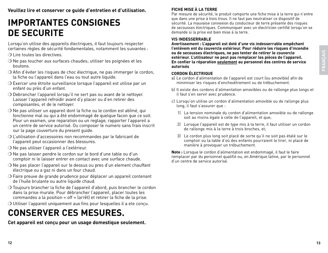 Black & Decker SK1212BC manual Fiche Mise À LA Terre, VIS Indesserrable, Cordon Électrique 