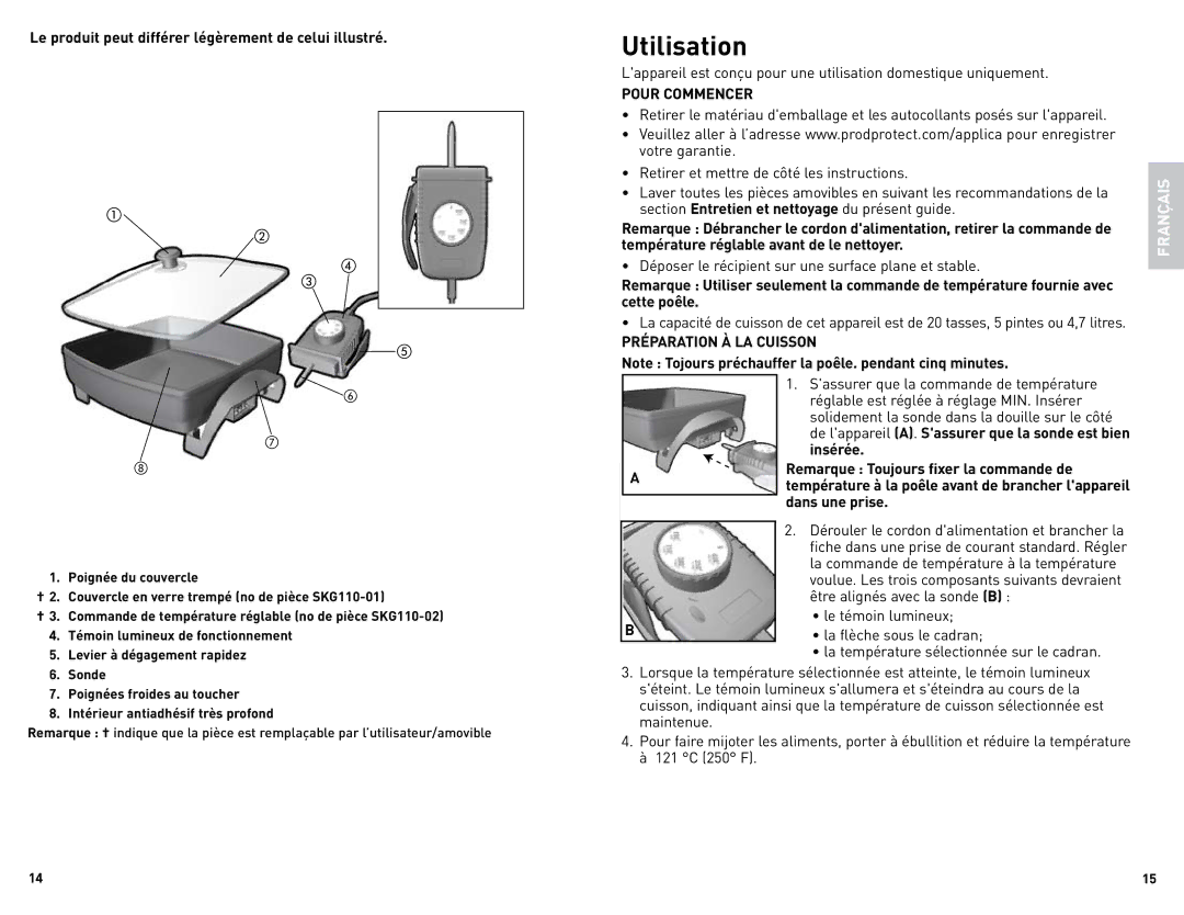 Black & Decker SK1212BC manual Utilisation, Pour Commencer, Préparation À LA Cuisson 