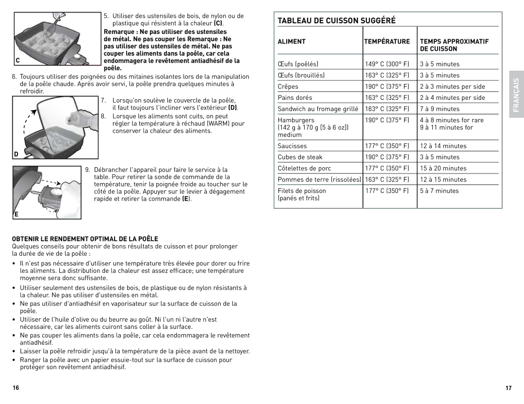 Black & Decker SK1212BC manual Obtenir LE Rendement Optimal DE LA Poêle, Aliment, Temps Approximatif, DE Cuisson 