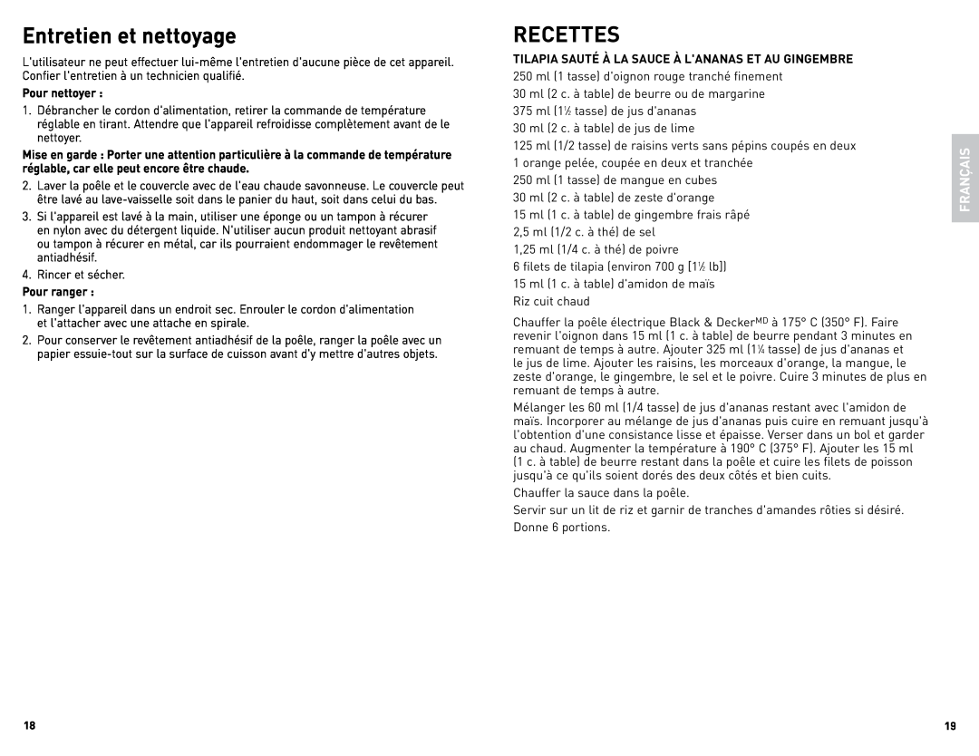 Black & Decker SK1212BC manual Entretien et nettoyage, Recettes, Français 