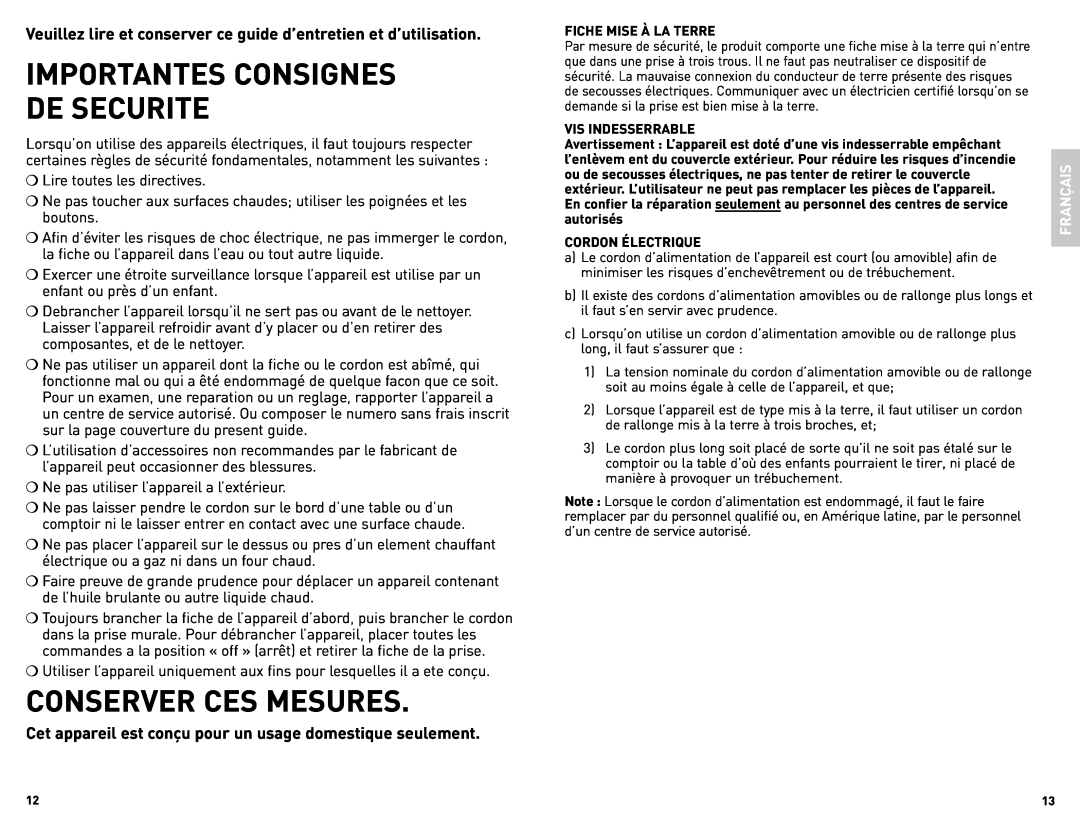 Black & Decker SK1212BC Conserver Ces Mesures, Veuillez lire et conserver ce guide d’entretien et d’utilisation, Français 