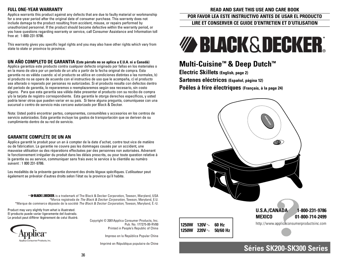 Black & Decker SK300 warranty Full ONE-YEAR Warranty, Garantie Complète DE UN AN, Read and Save this USE and Care Book 