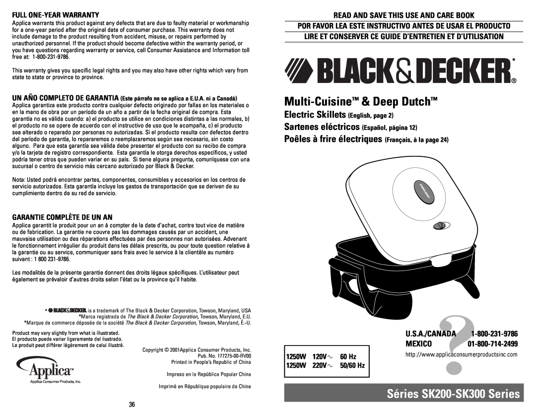 Black & Decker SK300 warranty Full One-Yearwarranty, Garantie Complète De Un An, Read And Save This Use And Care Book 