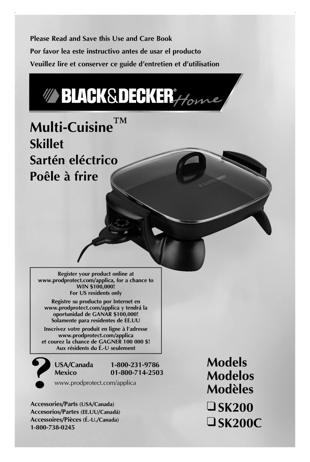 Black & Decker manual Skillet Sartén eléctrico Poêle à frire, Models Modelos Modèles SK200 SK200C, USA/Canada Mexico 