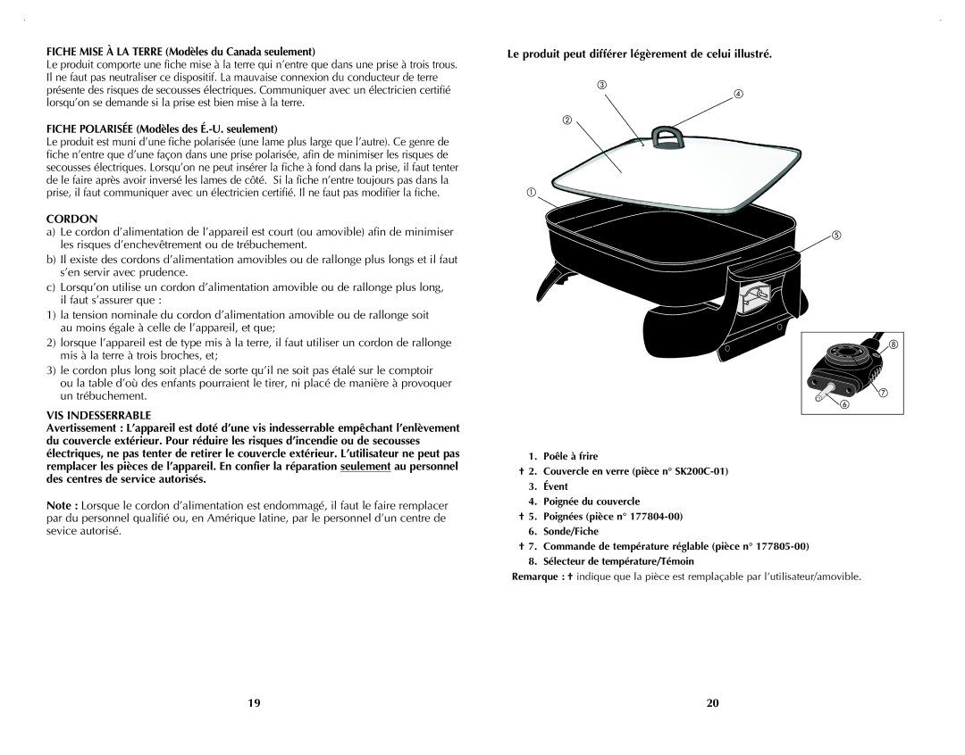 Black & Decker SK200C manual Fiche Mise À LA Terre Modèles du Canada seulement, Fiche polarisée Modèles des É.-U. seulement 