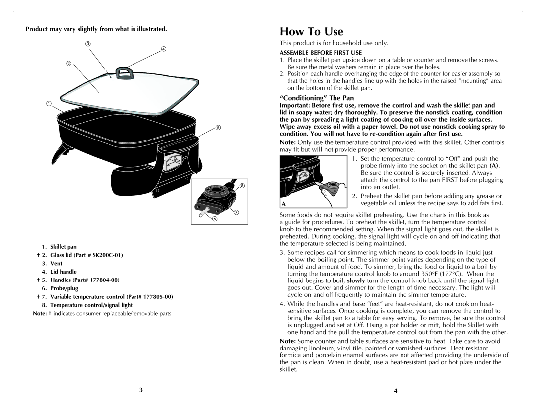 Black & Decker SK200C manual How To Use, Conditioning The Pan, Product may vary slightly from what is illustrated 