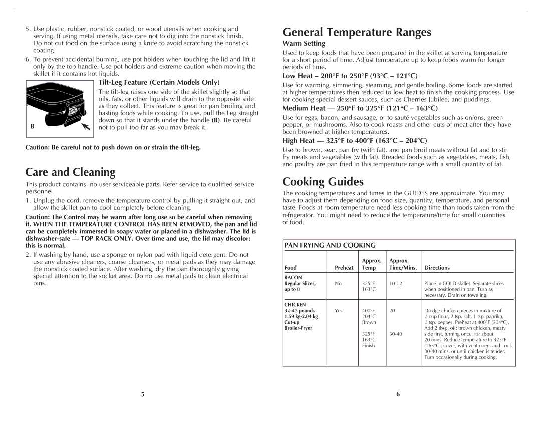 Black & Decker SK200C manual Care and Cleaning, General Temperature Ranges, Cooking Guides, PAN Frying and Cooking 