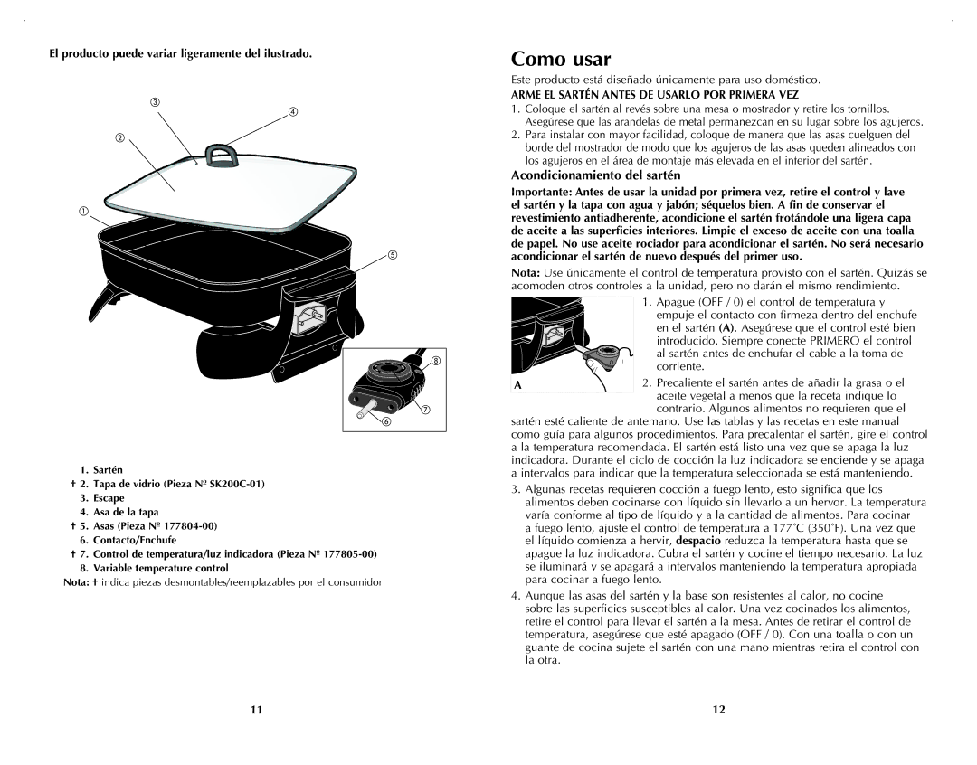 Black & Decker SK200C manual Como usar, Acondicionamiento del sartén, El producto puede variar ligeramente del ilustrado 