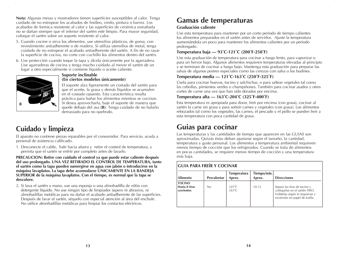 Black & Decker SK200C manual Cuidado y limpieza, Gamas de temperaturas, Guias para cocinar 