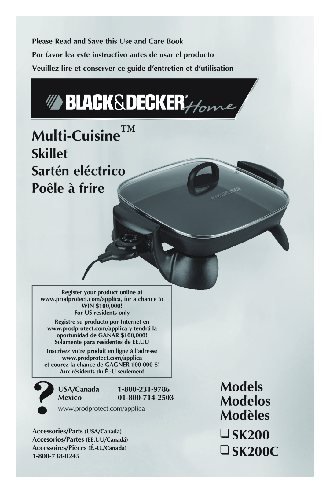 Black & Decker manual Multi-Cuisine, Skillet Sartén eléctrico Poêle à frire, Models Modelos Modèles SK200 SK200C 