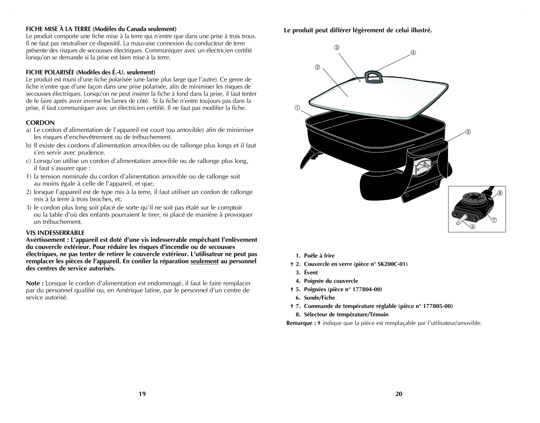 Black & Decker SK200C manual FICHE MISE À LA TERRE Modèles du Canada seulement, Fiche polarisée Modèles des É.-U. seulement 
