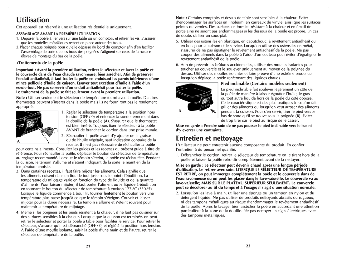 Black & Decker SK200C manual Utilisation, Entretien et nettoyage, «Traitement» de la poêle 