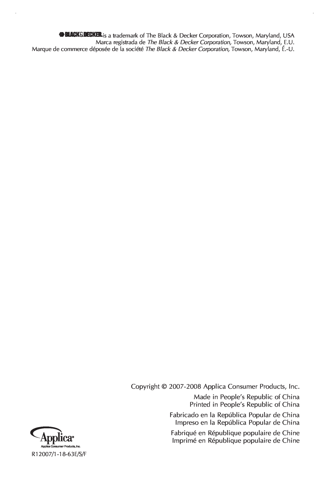 Black & Decker SK200C manual Copyright 2007-2008 Applica Consumer Products, Inc 