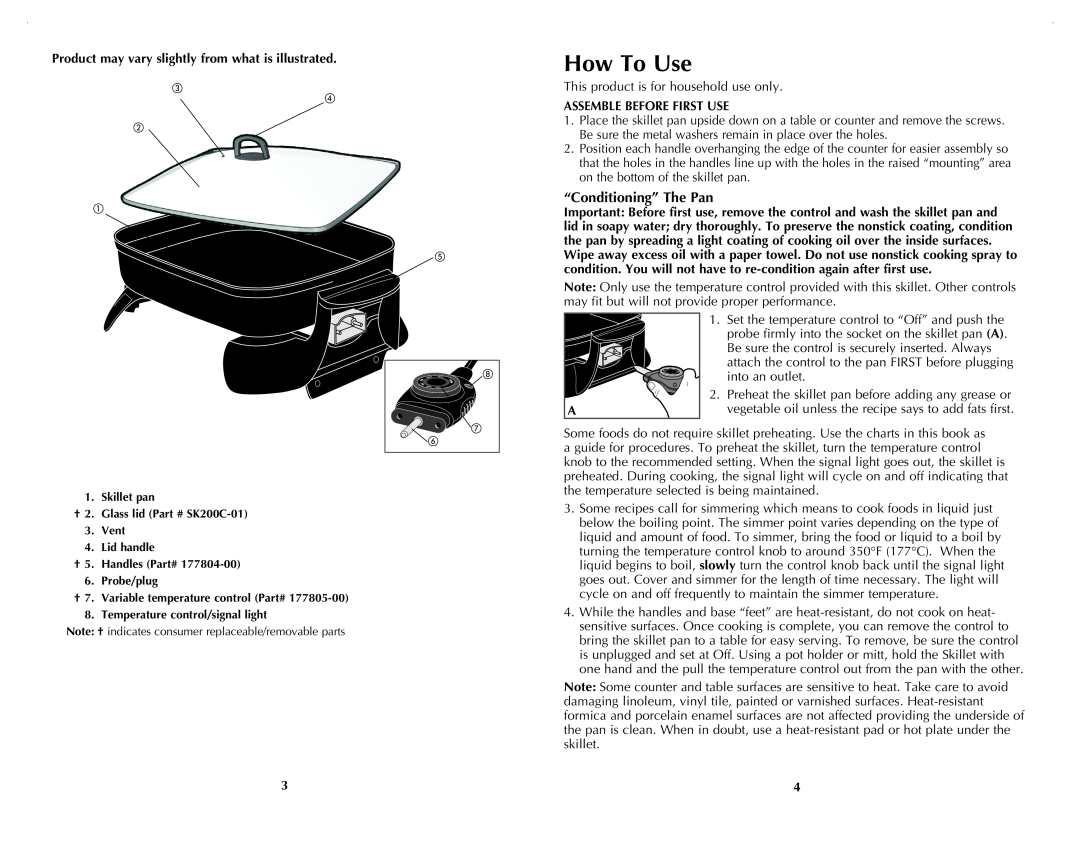 Black & Decker SK200C manual How To Use, “Conditioning” The Pan, Product may vary slightly from what is illustrated 