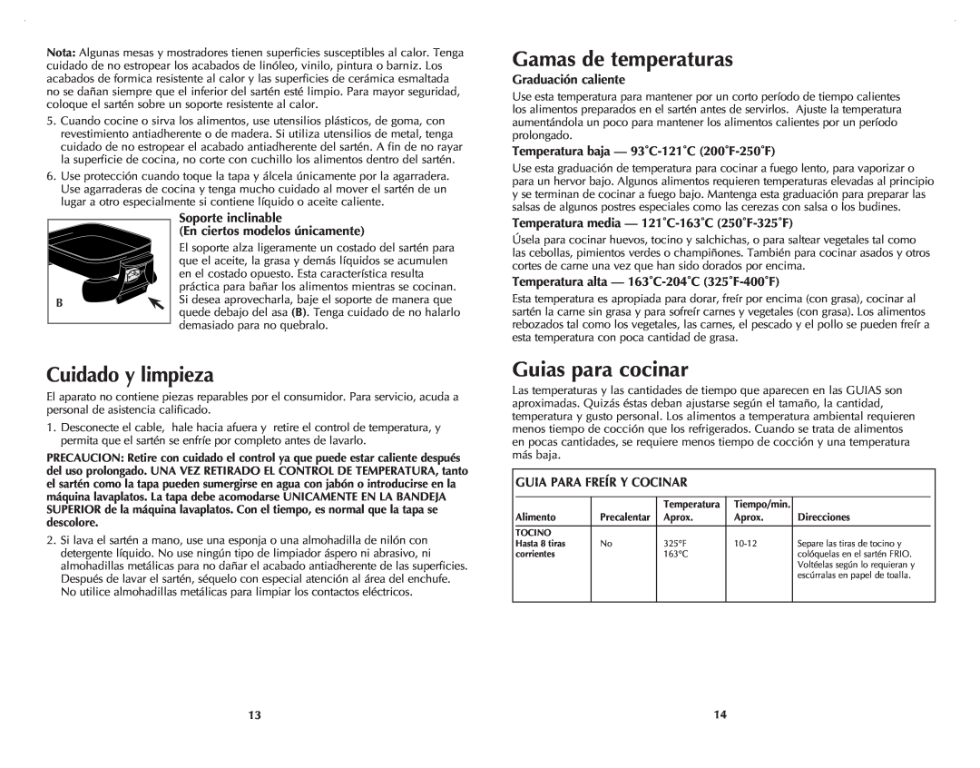 Black & Decker SK200C manual Cuidado y limpieza, Gamas de temperaturas, Guias para cocinar, Graduación caliente 