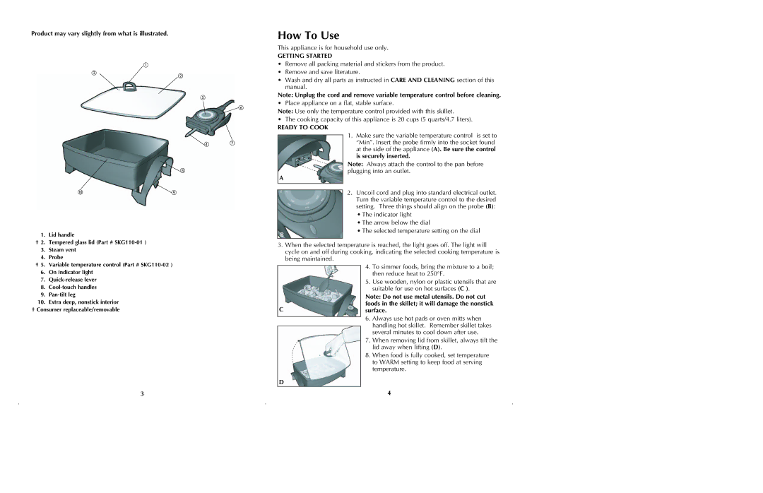 Black & Decker SKG110 manual How To Use, Product may vary slightly from what is illustrated, Getting Started, Ready to Cook 