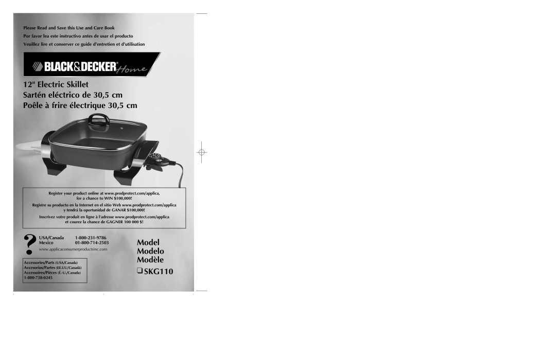 Black & Decker manual Electric Skillet, Model Modelo Modèle SKG110, Please Read and Save this Use and Care Book 