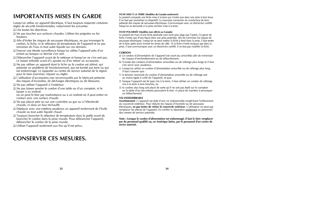 Black & Decker SKG110 manual Importantes Mises En Garde, Conserver Ces Mesures 