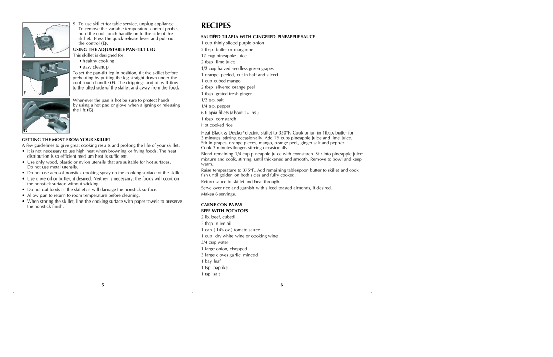 Black & Decker SKG110 manual Recipes, Using The Adjustable Pan-Tiltleg, G Getting The Most From Your Skillet 