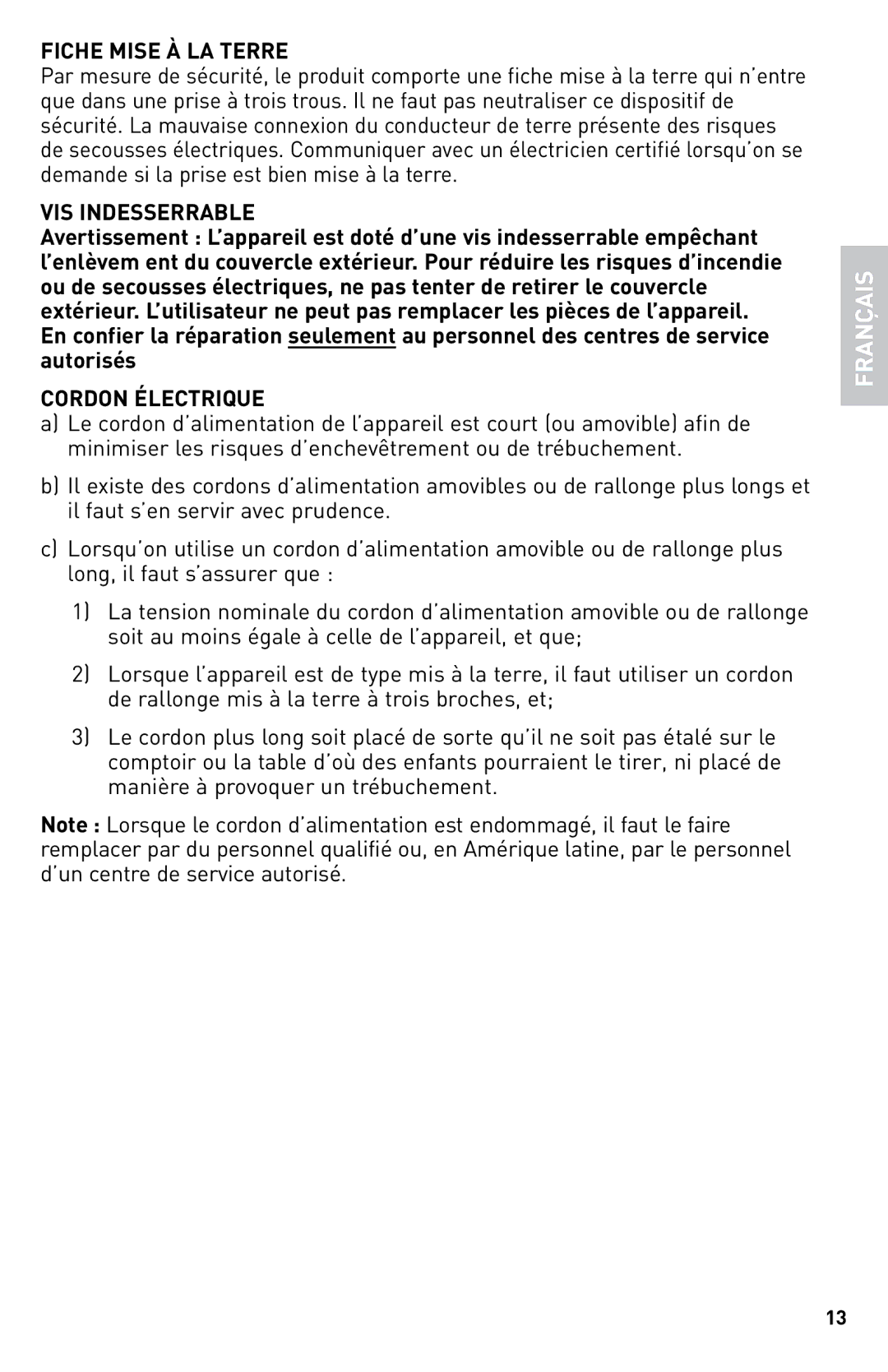 Black & Decker SKG110C manual Fiche Mise À LA Terre, VIS Indesserrable, Cordon Électrique 