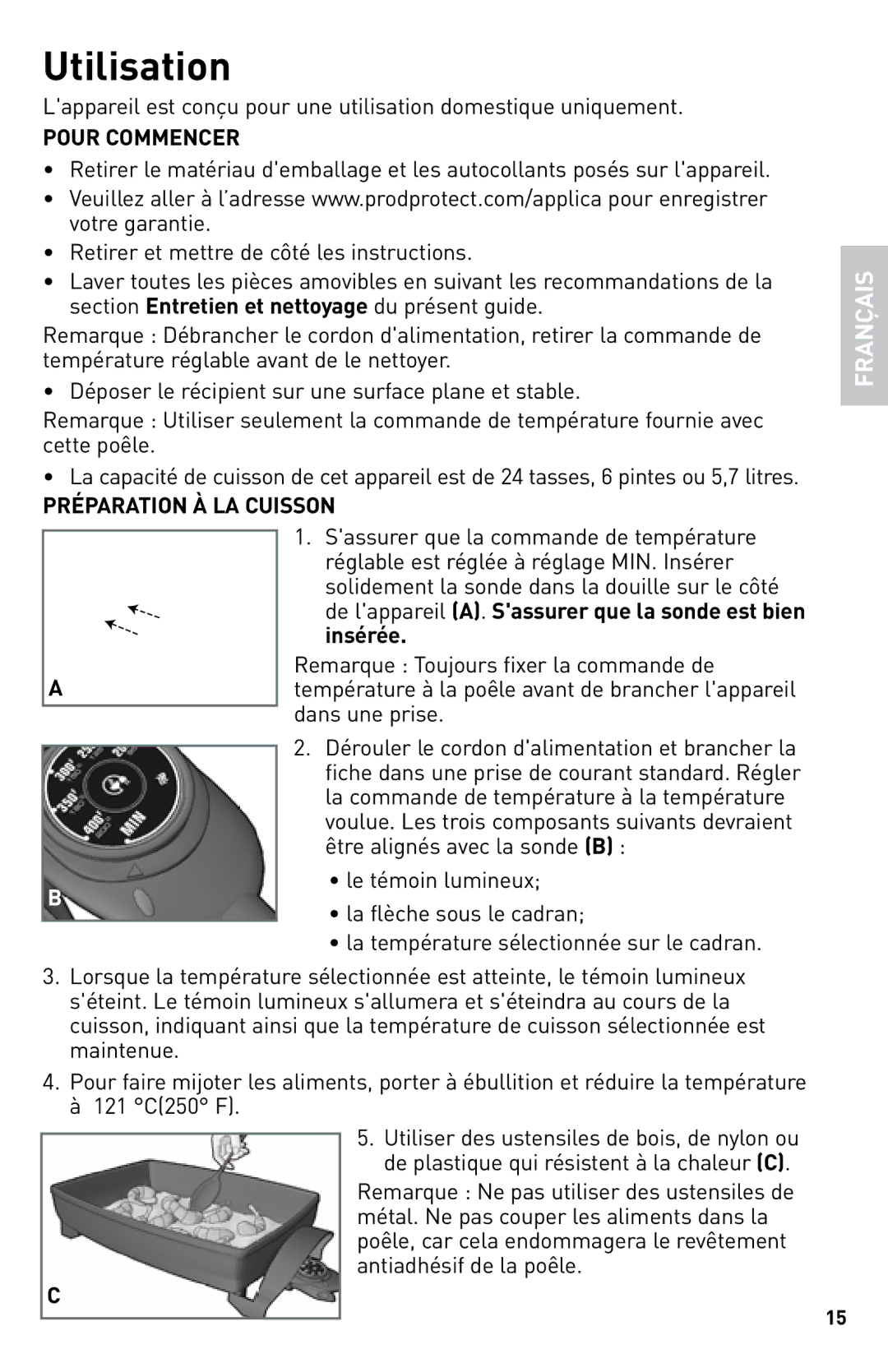 Black & Decker SKG110C manual Utilisation, Pour Commencer, Préparation À LA Cuisson 