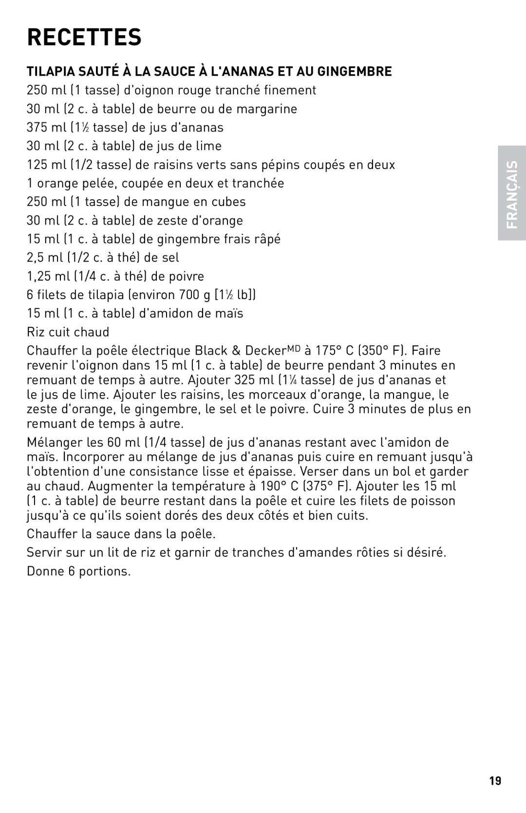 Black & Decker SKG110C manual Recettes, Tilapia Sauté À LA Sauce À Lananas ET AU Gingembre 