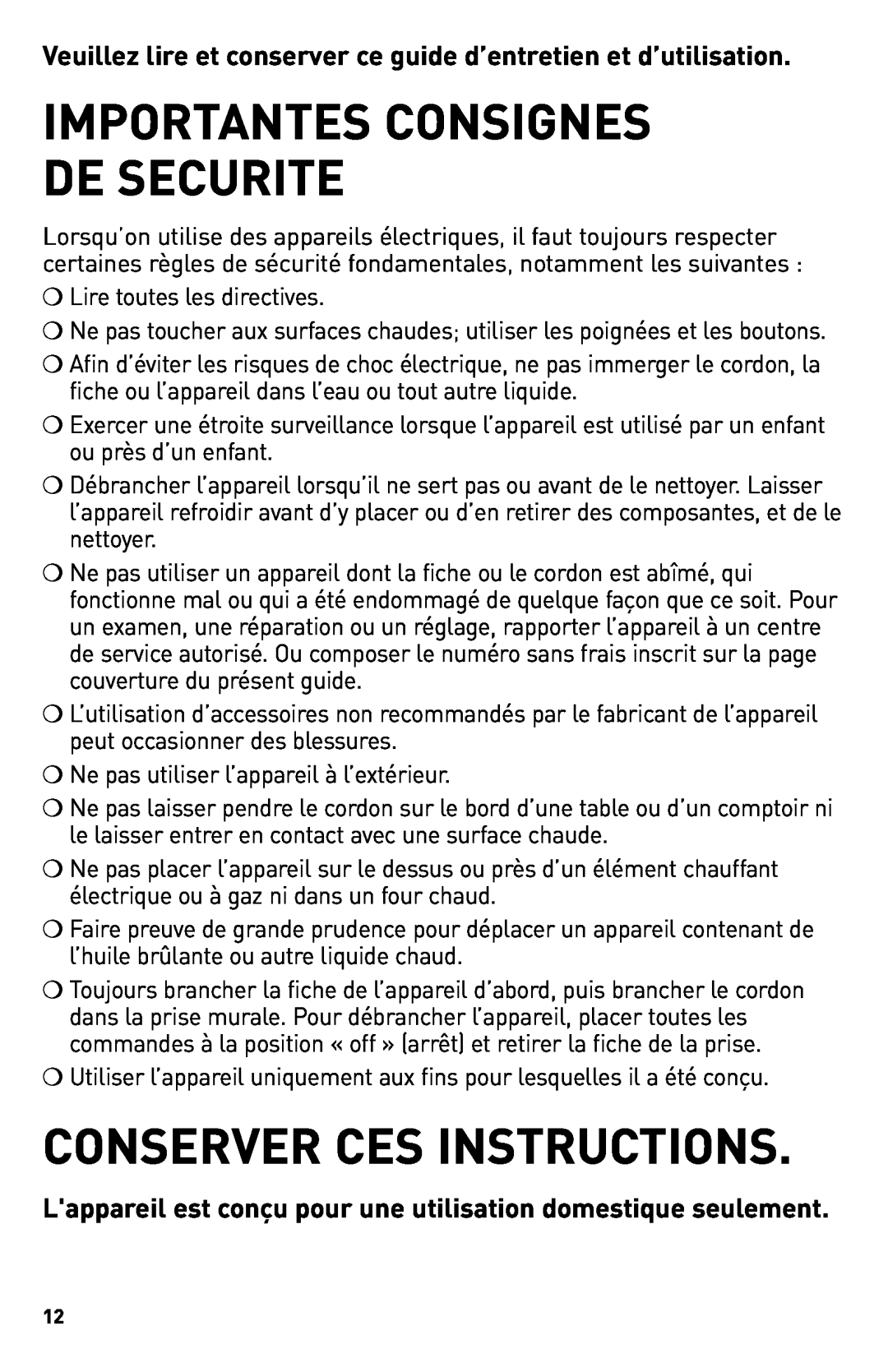 Black & Decker SKG110C manual Conserver Ces Instructions, Importantes Consignes De Securite 