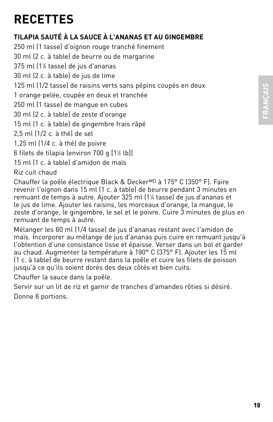 Black & Decker SKG110C manual Recettes, Français 