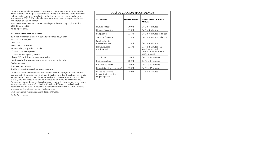 Black & Decker SKG111 manual Estofado DE Cerdo EN Salsa, Alimento Temperatura Tiempo DE Cocción Aprox 