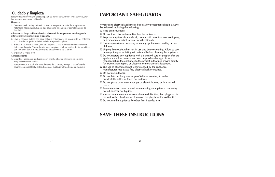 Black & Decker SKG111 manual Important Safeguards, Save These Instructions, Cuidado y limpieza 