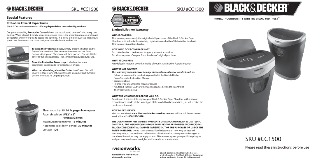 Black & Decker SKU #CC1500 warranty Special Features 