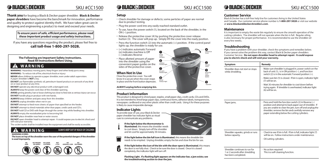 Black & Decker SKU #CC1500 Setup, Customer Service, Maintenance, Troubleshooting, When Not In Use, Product Information 