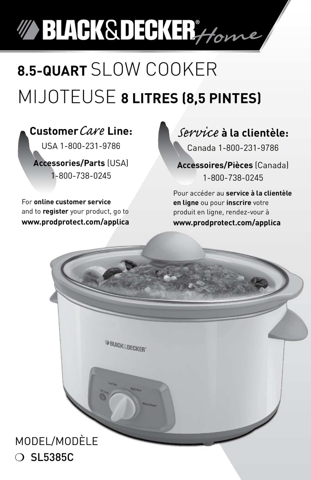 Black & Decker SL5385C manual Mijoteuse 8 Litres 8,5 Pintes, CustomerCare Line, Service à la clientèle 