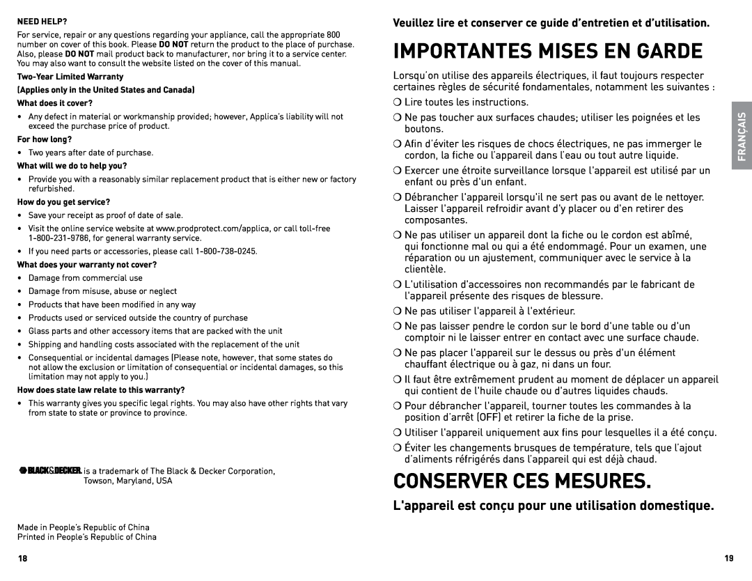 Black & Decker SL5385C manual Importantes Mises En Garde, Conserver Ces Mesures 